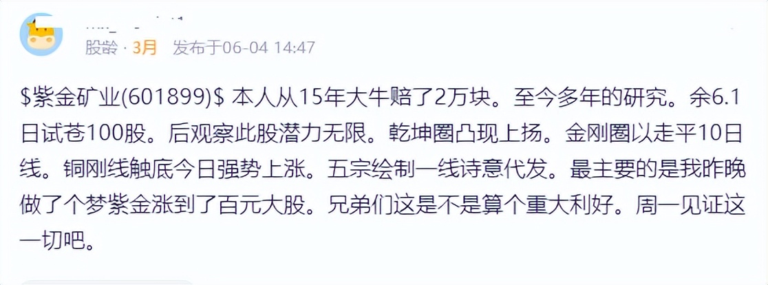 “做梦涨至百元大股”，紫金矿业横盘震荡一年，股民做了长长的梦