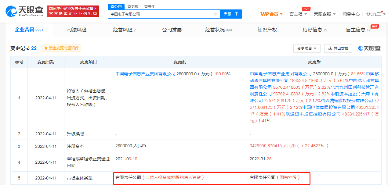 移动联通电信入股中国电子，后者企业类型变更为国有控股公司