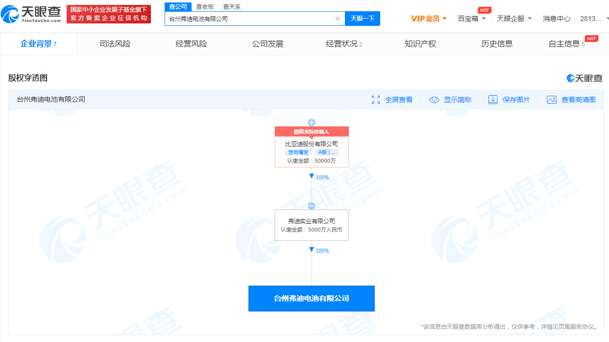 比亚迪在台州成立电池新公司，注册资本5000万