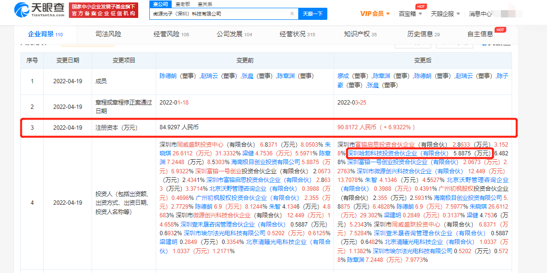 华为哈勃投资微源光子科技，后者股东含小米