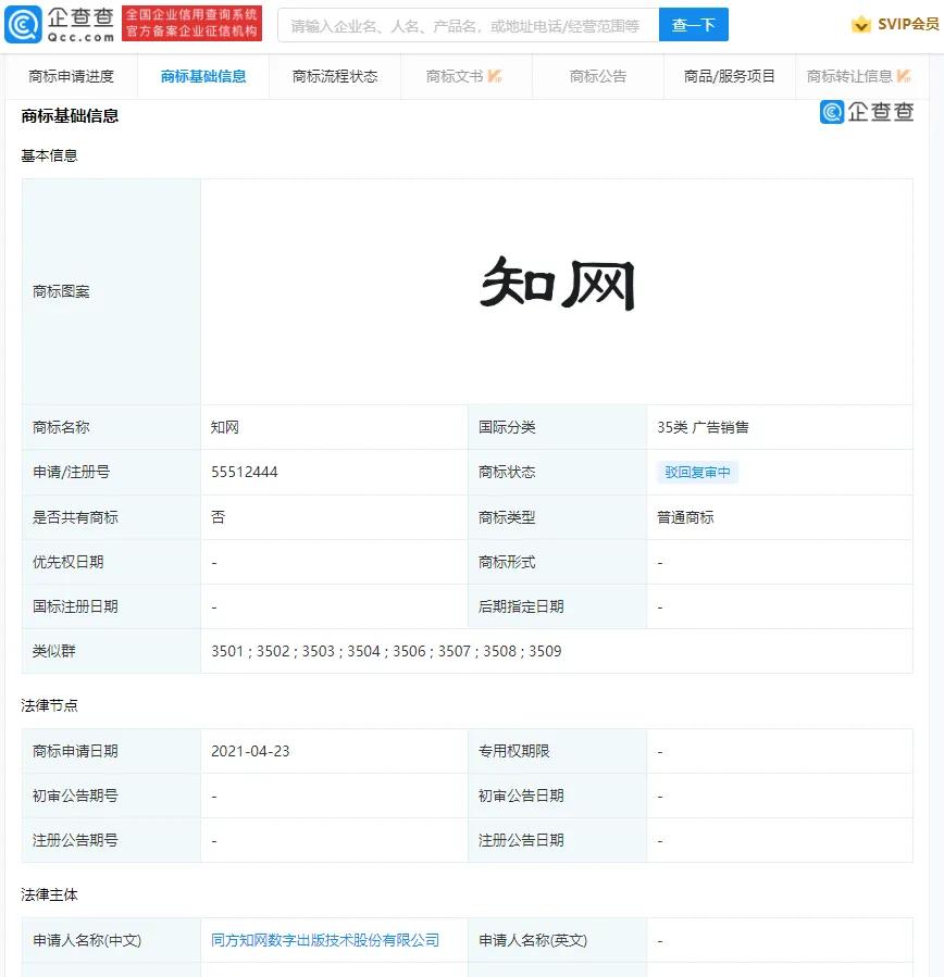 知网申请注册“知网商标”被驳回